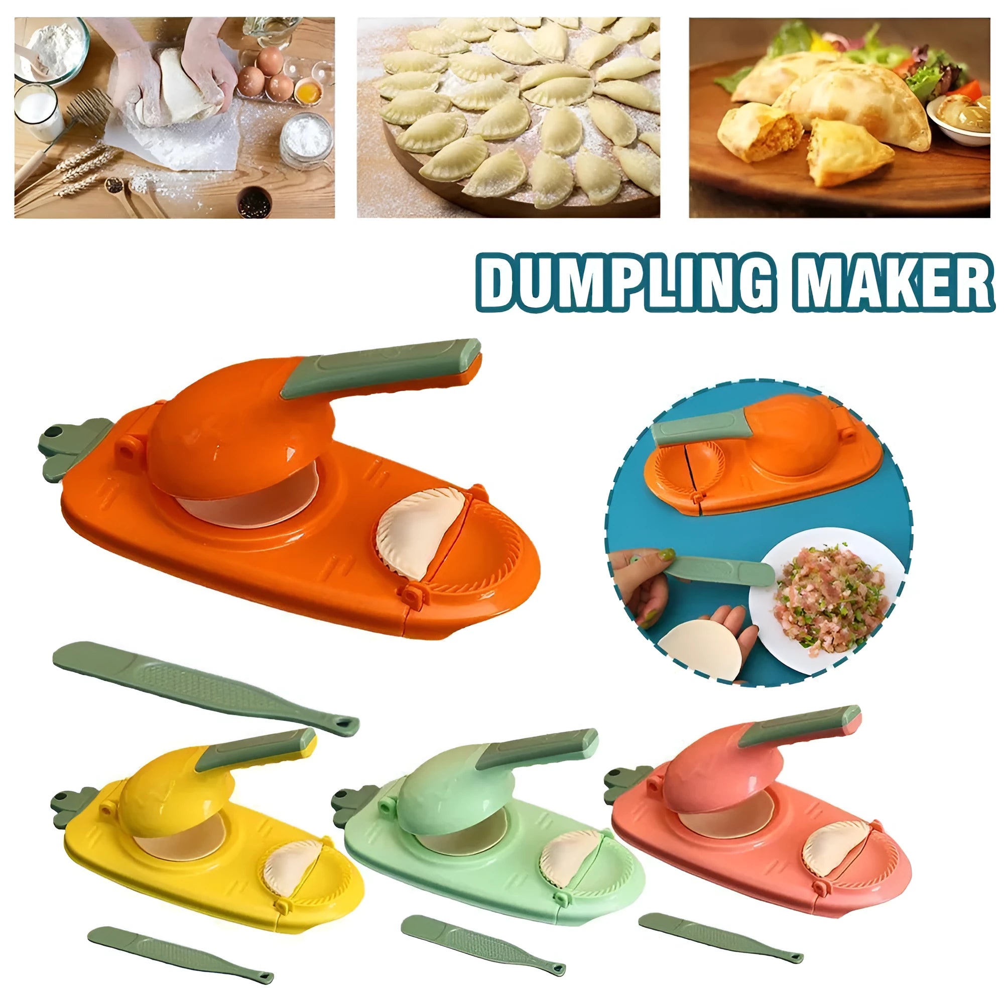 Orange and white manual dumpling skin press tool with ergonomic handle and hanging hole
