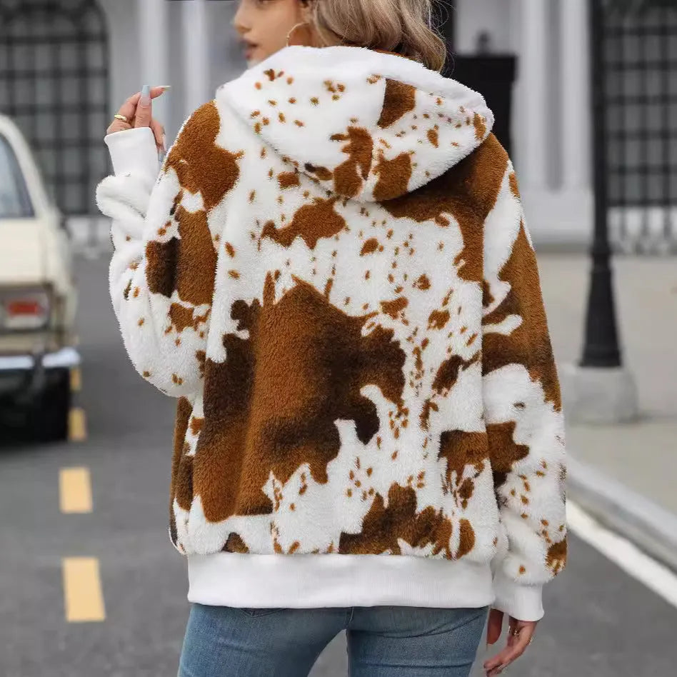 Yellow brown cow animal print hooded cardigan jacket with front zipper in Asian sizing