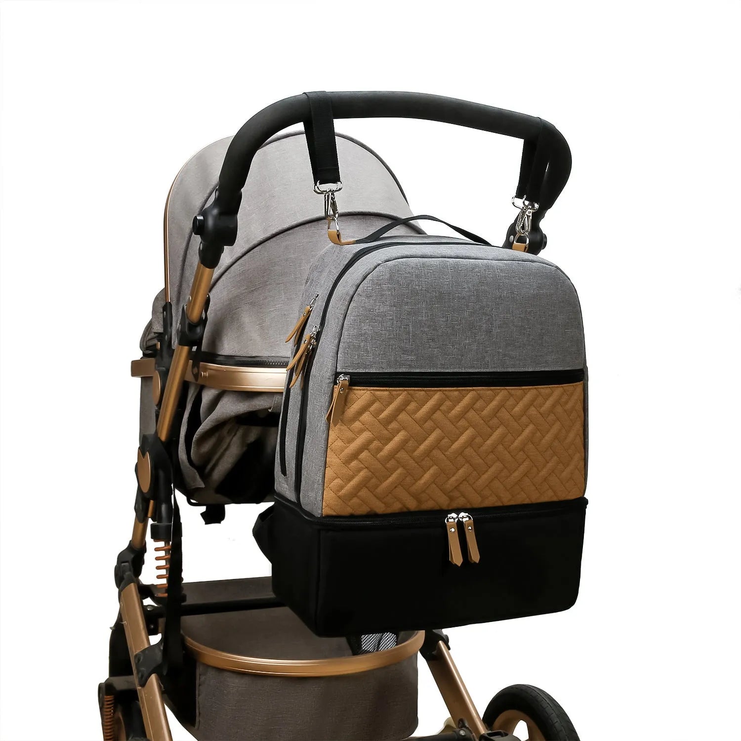 Grey insulated baby carrier backpack with curved shoulder straps and multiple compartments for mother and child travel