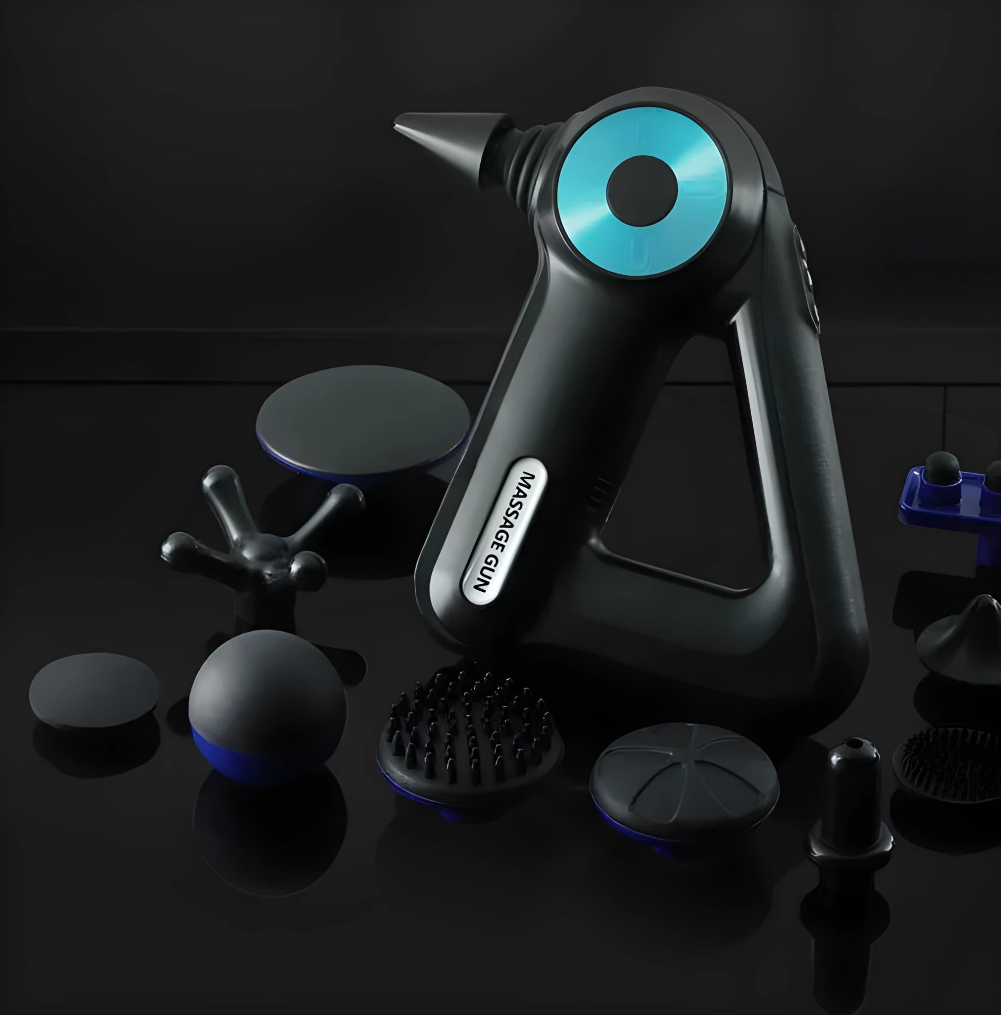 Blue fascia gun with 12 massage heads and 11mm amplitude for deep muscle relaxation