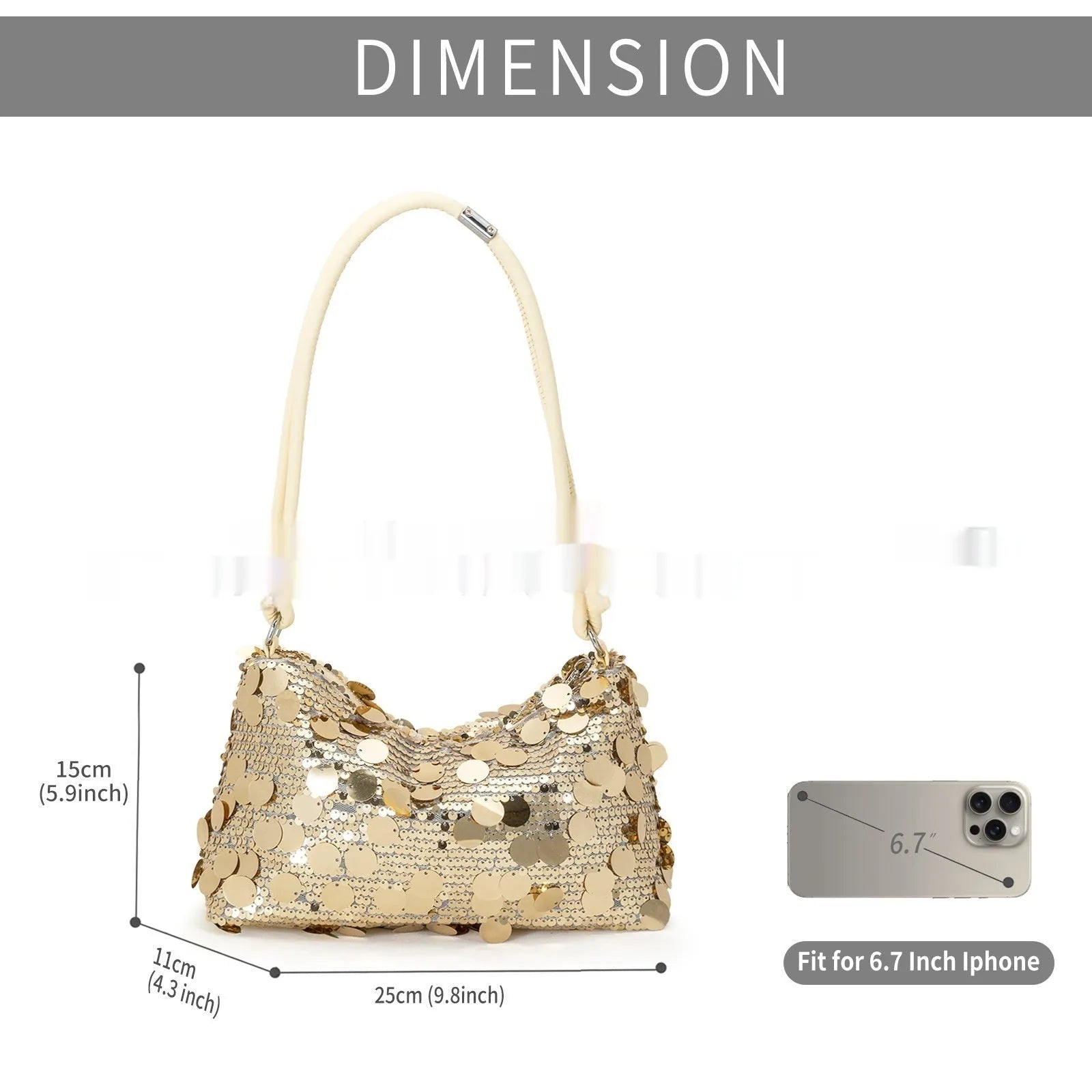 Women's soft polyester underarm crossbody bag in gold colour showing sandwich pocket design and single strap