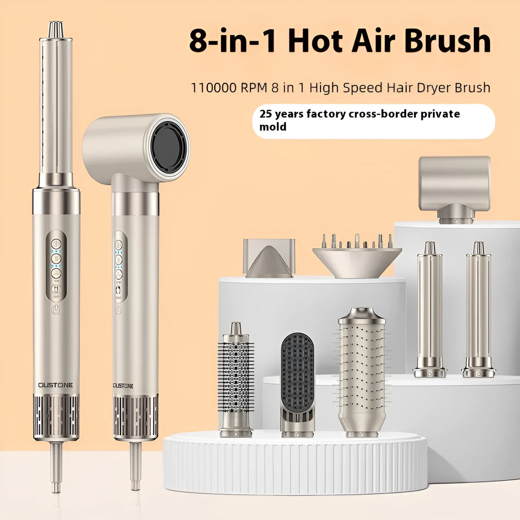 8 in 1 hair curler blowing comb set in champagne gold with brushless motor and 1300W rated power