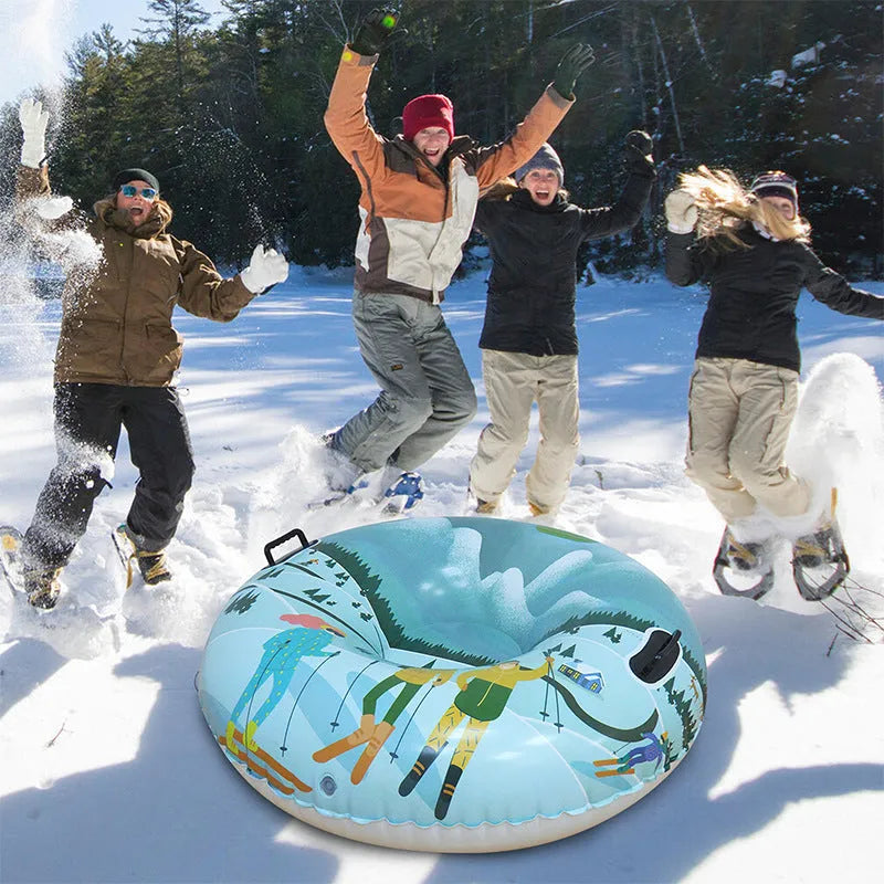 Colourful printed PVC winter ski ring toy for children's snow play, shown in red, blue, and white designs.