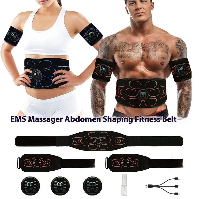 Silicone EMS belly shaping belt with muscle stimulator and hand and foot straps on orange background