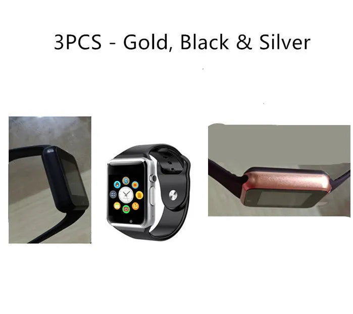 A1 Smart Watch for Android in various colours, showing screen, GSM SIM slot, and camera.