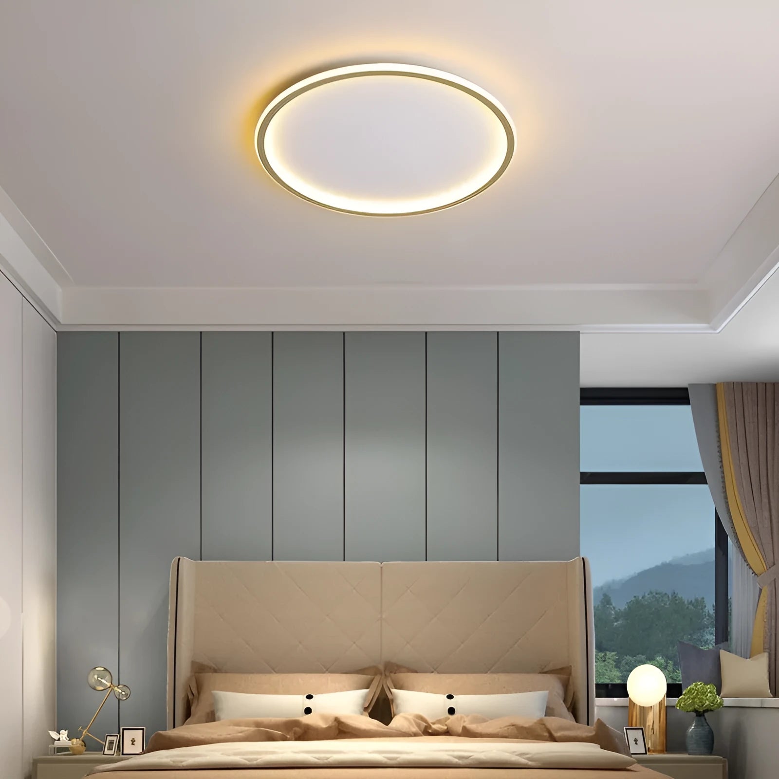 Minimalist circular dimmable LED ceiling lamp in black, gold or white finish.