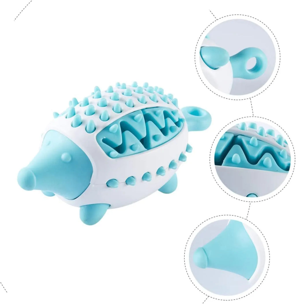 Blue wear-resistant treat dispensing dog toy with squeaky ball on white background