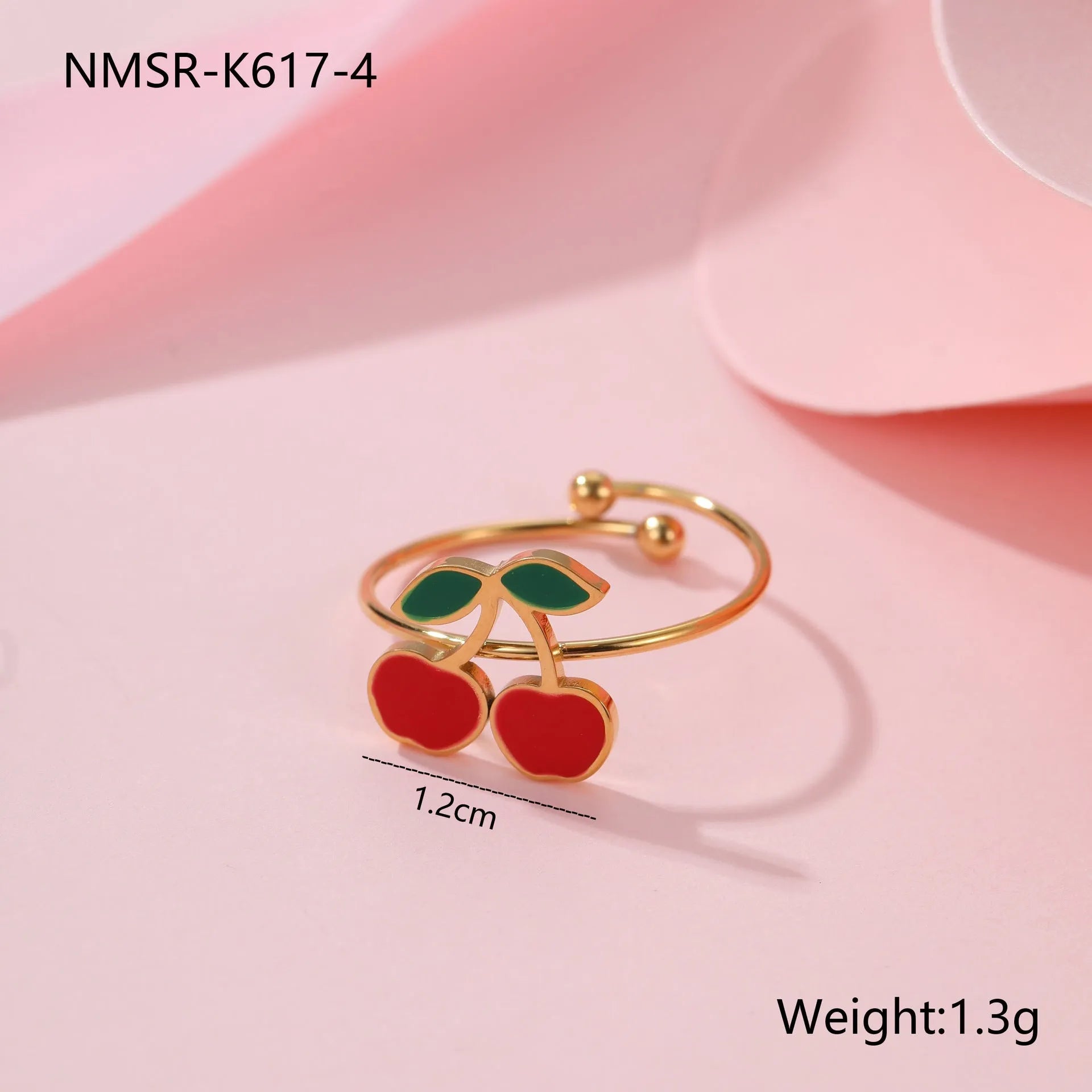 Complete cherry jewelry set with stainless steel necklace, bracelet, earrings, and ring with 18K gold electroplating.
