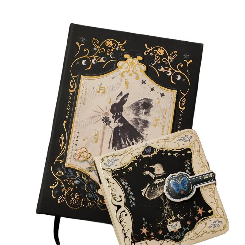 THALO Gothic style A5 retro art notebook showing one of three cover colour options: rabbit maze, forest, or red fruit design.