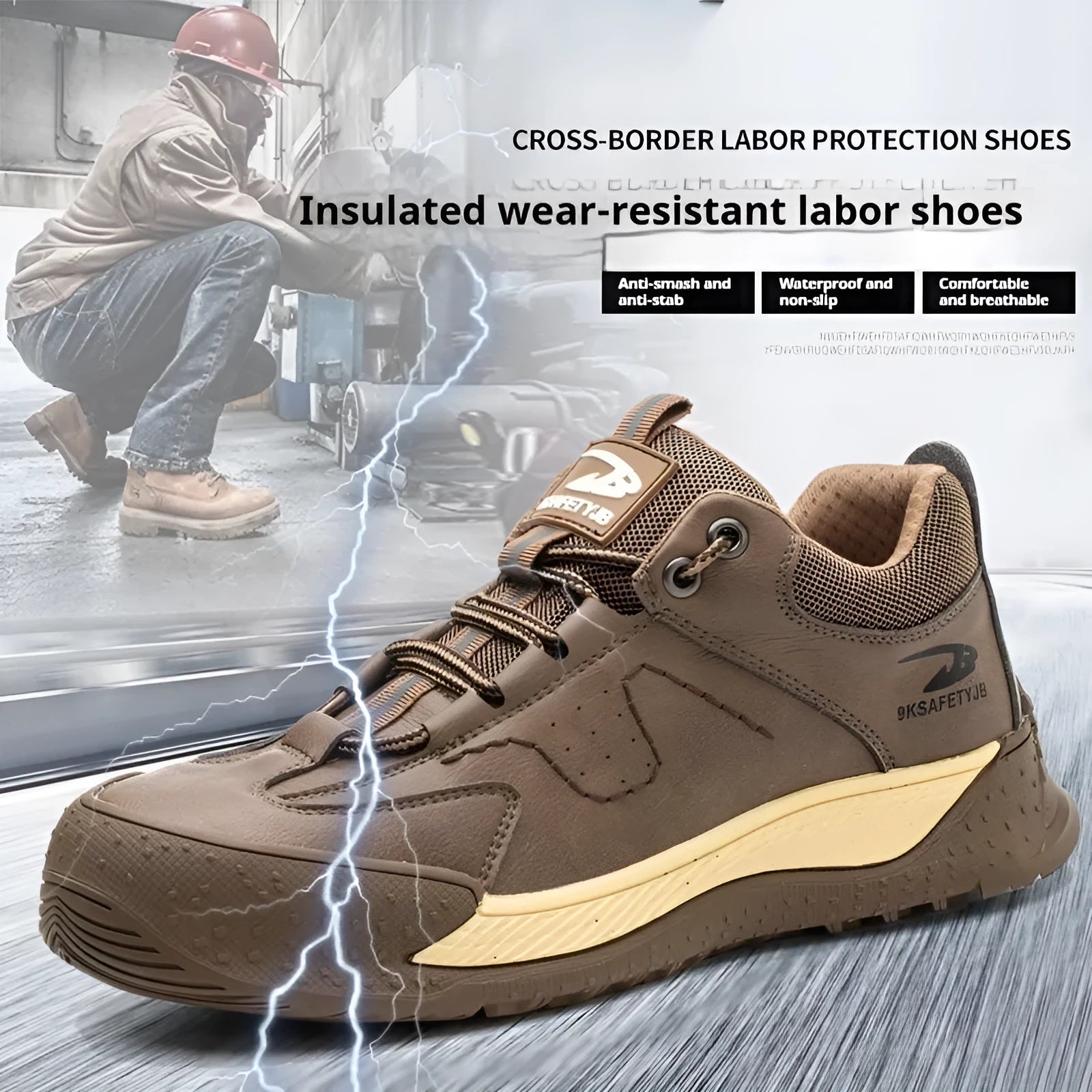 A pair of Flyknit safety work shoes with a leather upper and rubber sole, shown in a neutral colour.