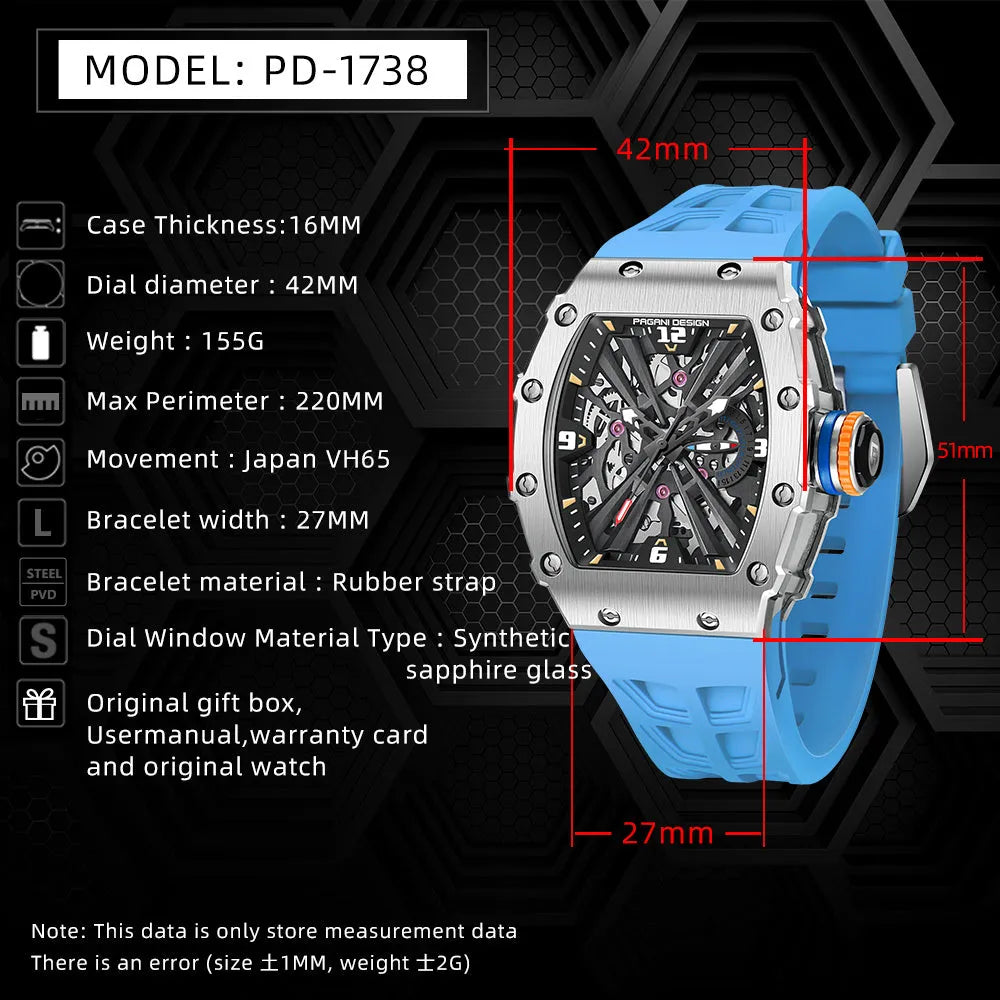 Square men's quartz calendar watch with hollowed design, stainless steel case, 42mm dial, rubber strap in black