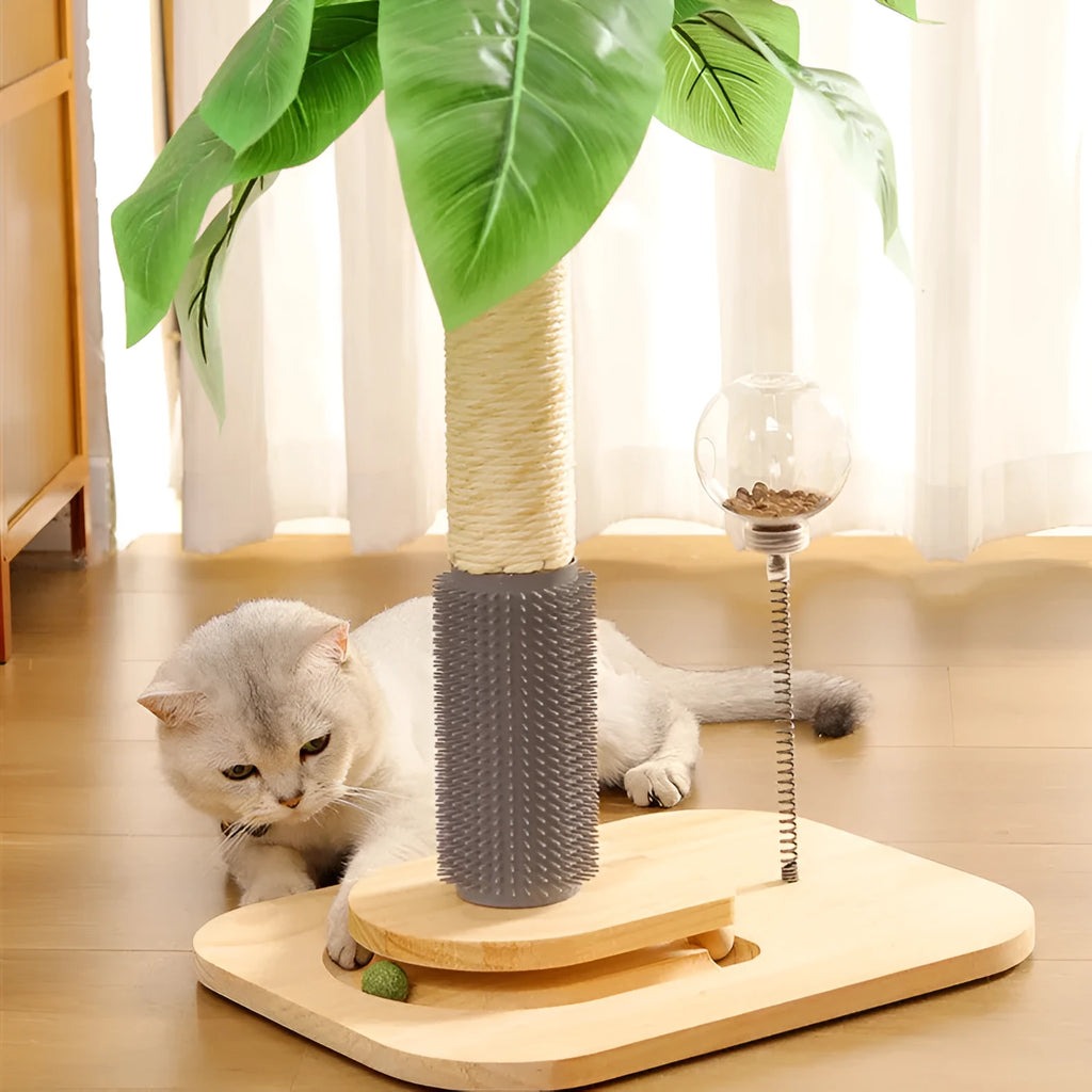 Vertical solid wood cat scratching post in canna colour with chamfered edges on a wooden column.
