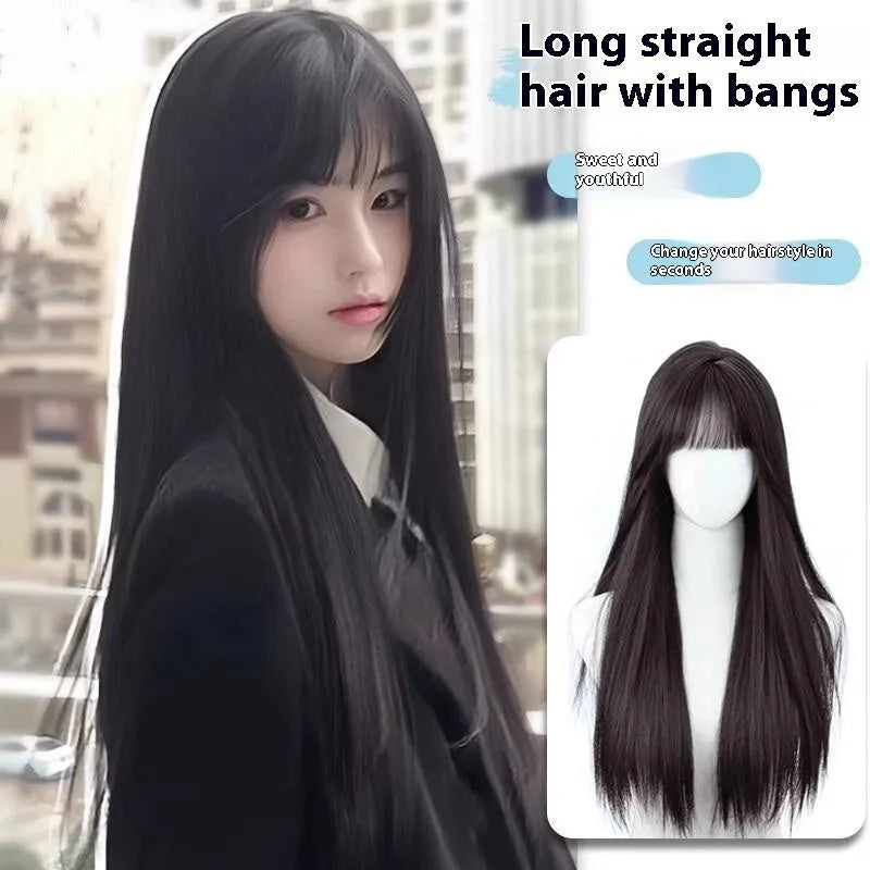 Long straight black synthetic wig with bangs, shown in brown black and cold brown colour options.
