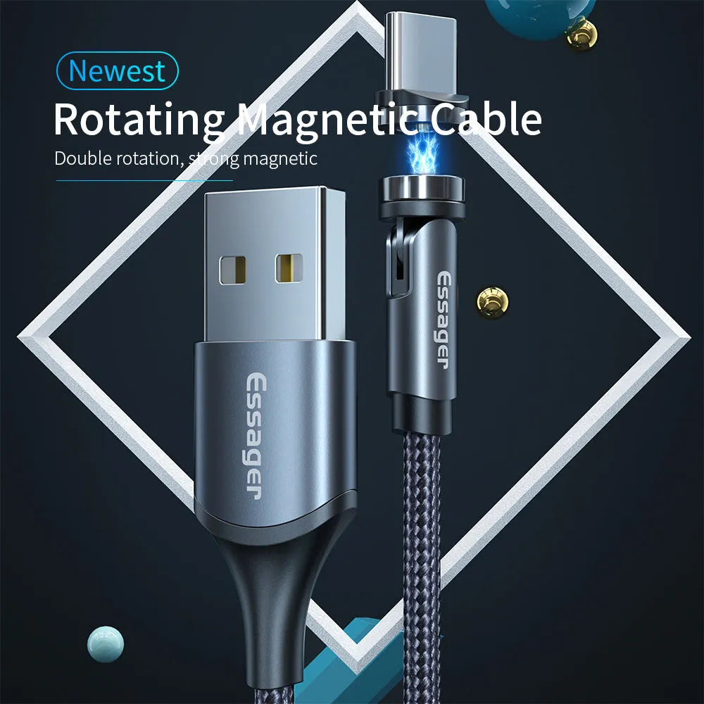 Essager black magnetic USB cable with 360-degree rotating head and blue LED light, shown with Micro USB, Lightning, and Type C tips.
