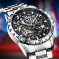 Men's automatic mechanical watch with hollow-out design, luminous hands and stainless steel strap