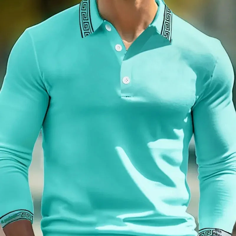 Men's loose fit long sleeve polo shirt with design buttons on placket