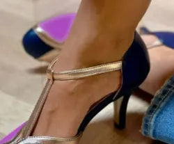 Women's round toe high heel shoes with button fastening in light blue pink, blue rose red, or wine red black colours