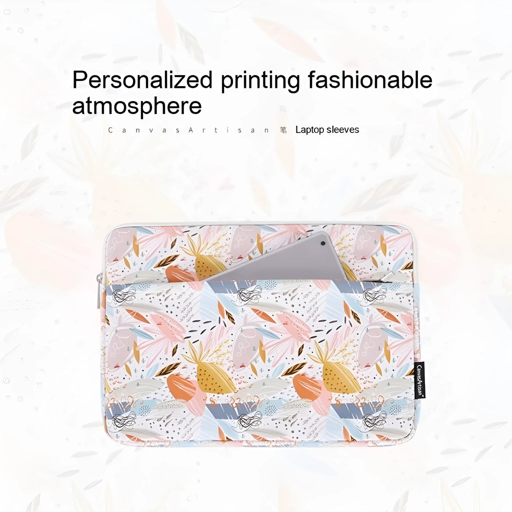 White PU leather waterproof inner sleeve for a 14 inch laptop on a table.