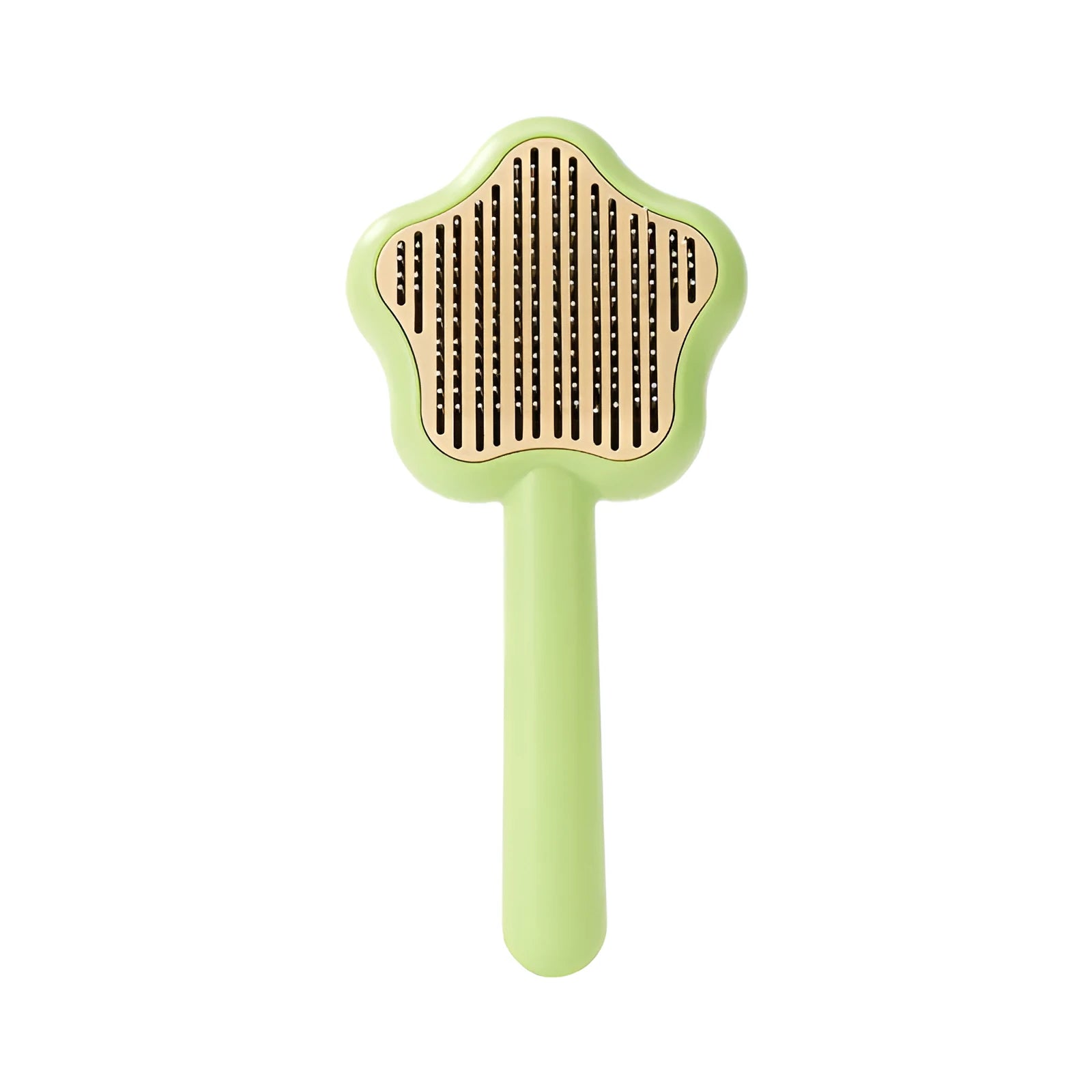 Green self-cleaning pet comb with stainless steel needles on a white background.