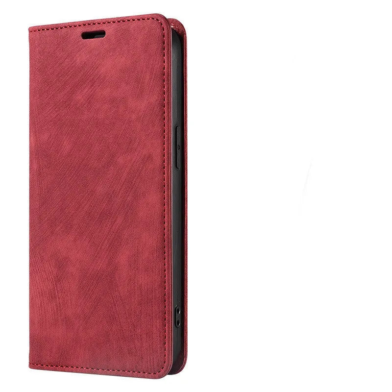 Magnetic flip phone case in grey showing interior card slots, compatible with various iPhone models.