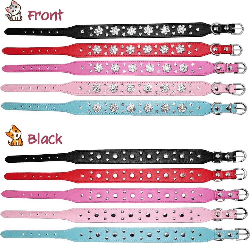 Black PU leather dog collar with rhinestone flower pattern and studs, adjustable for small dogs.