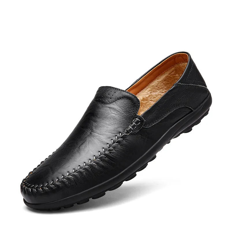 Men's cowhide leather shoes with round toe and flat heel in black, brown, and dark brown colour options