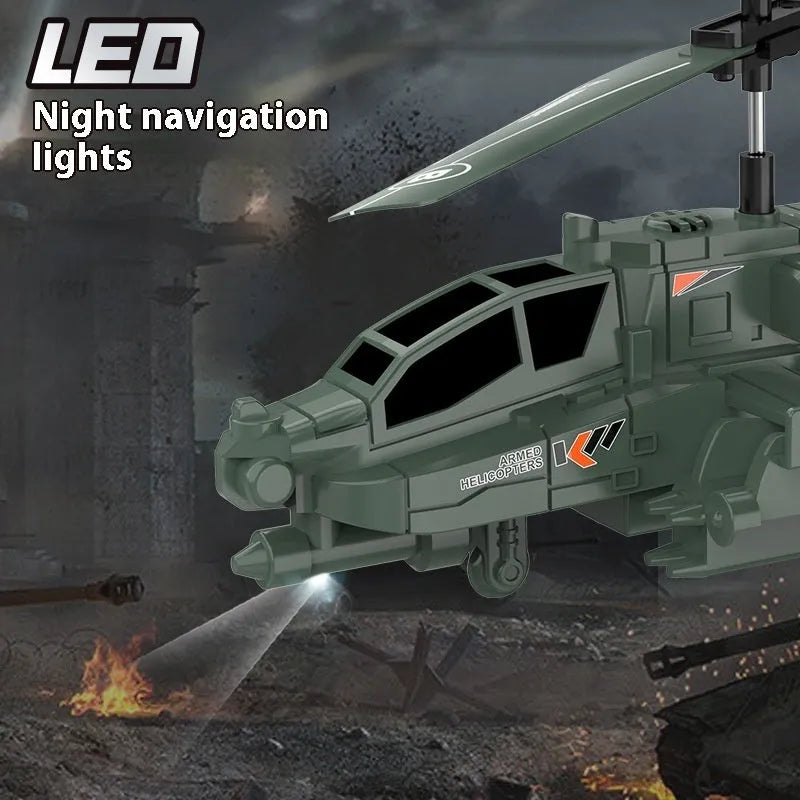 Army green Apache remote control helicopter with gyroscope, anti-fall design, cool light, plastic body, under 30cm