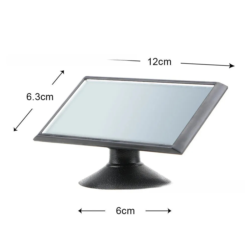 Black universal car rearview mirror with 360-degree rotation showing suction cup mounting option