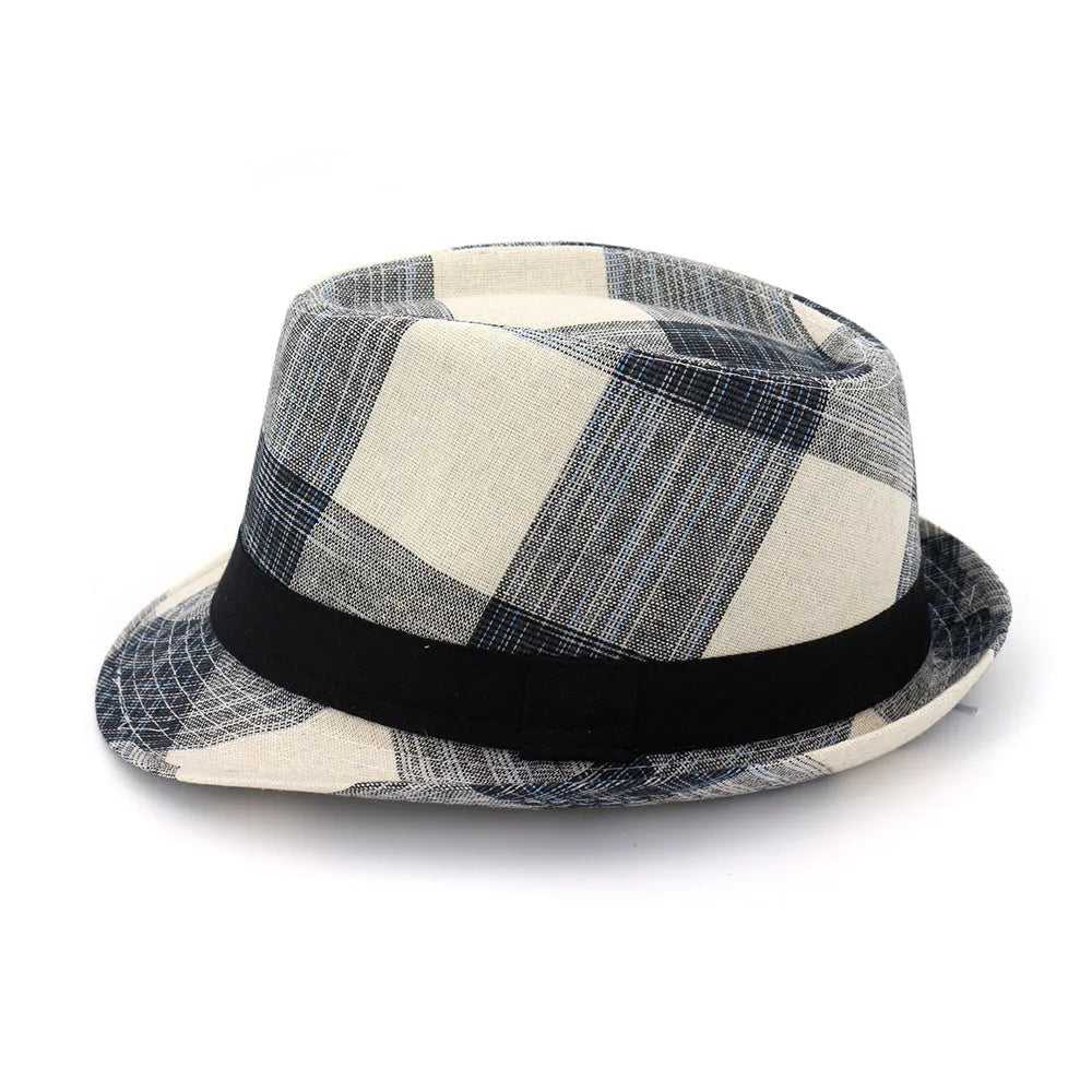 Casual blue polyester sun hat with a wide brim and bell-shaped crown on a wooden background.