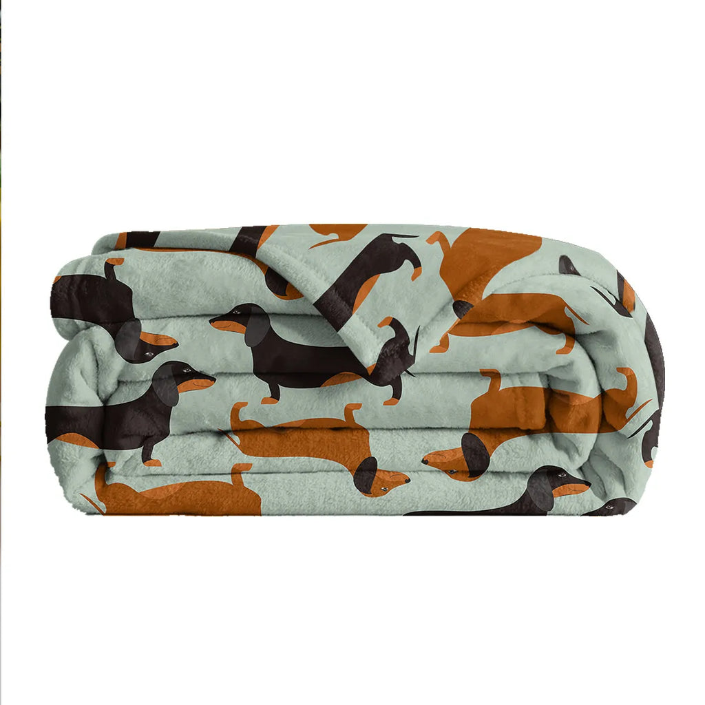 Flannel sausage printed blanket with cute pet theme in green, 75x100cm throw size