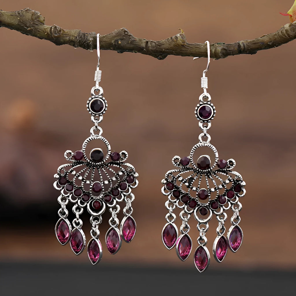 Purple retro drop earrings with long crystal fringe detailing and ethnic styling elements