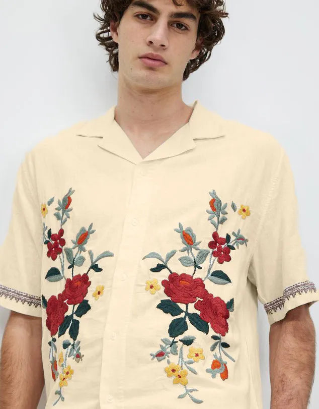 Men's apricot vintage floral print short sleeve shirt with loose fit and lapel collar