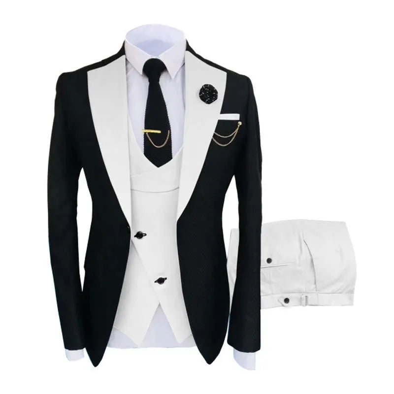Men's slim fit three-piece suit in cotton with coat, vest, and trousers for formal occasions
