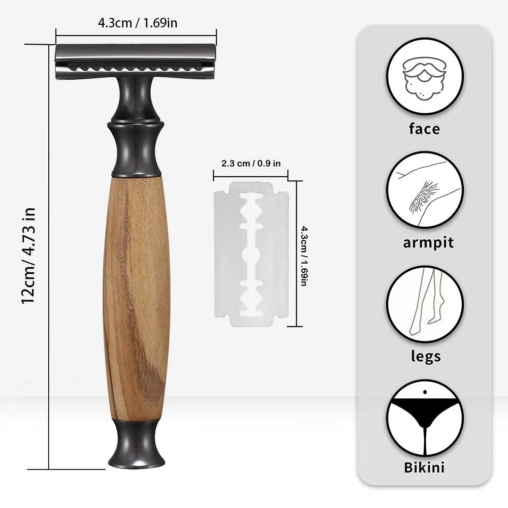 Copper manual shaving razor with olive wood handle and metal construction