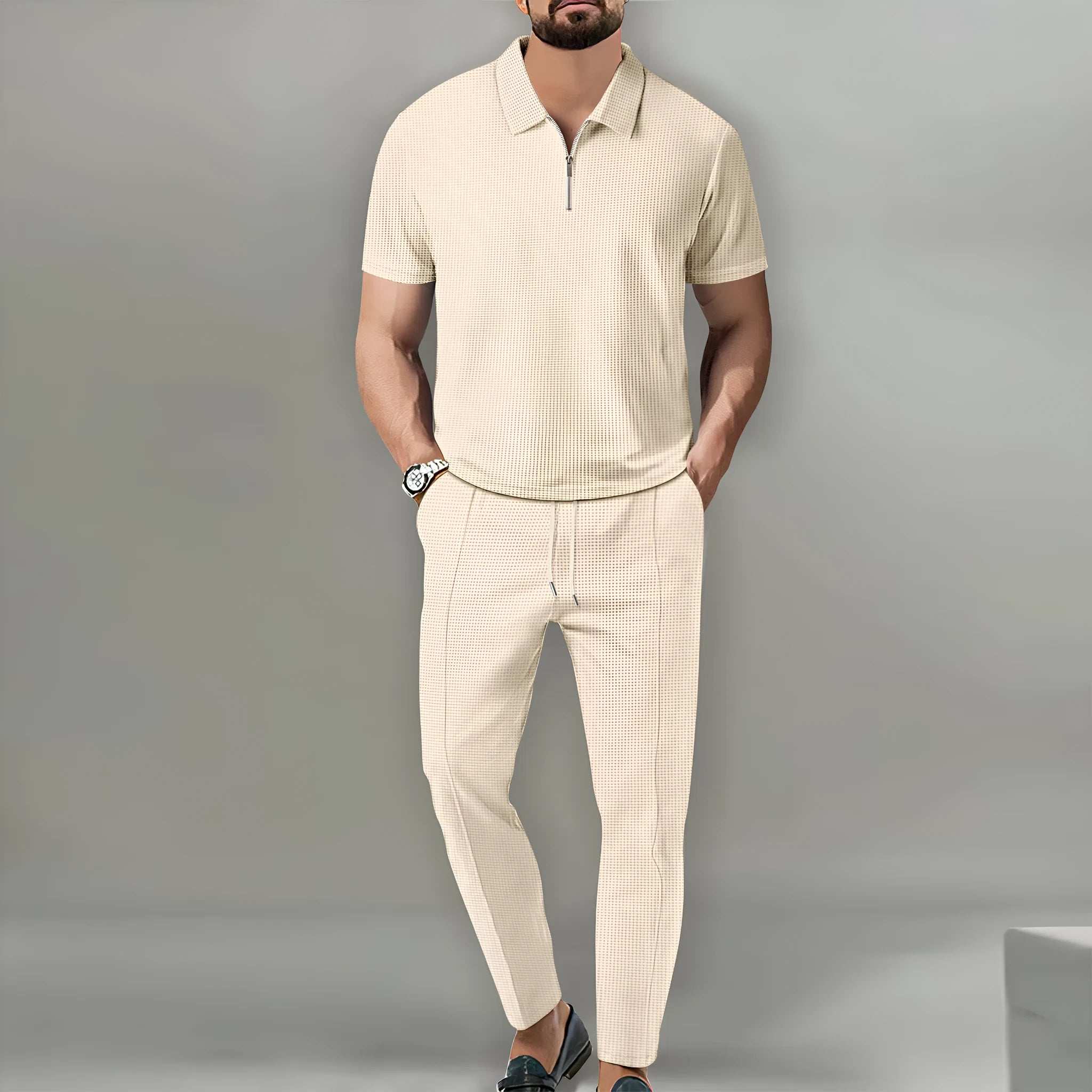 Men's solid colour waffle lapel suit set with short-sleeve top and trousers in khaki