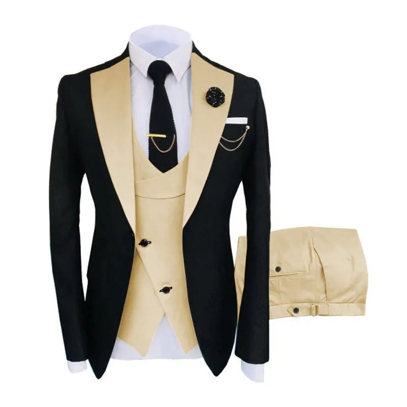Men's slim fit three-piece suit in cotton with coat, vest, and trousers for formal occasions