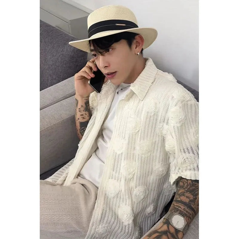 Loose fit short sleeve shirt with 3D floral pattern in milky white colour, shown on mannequin