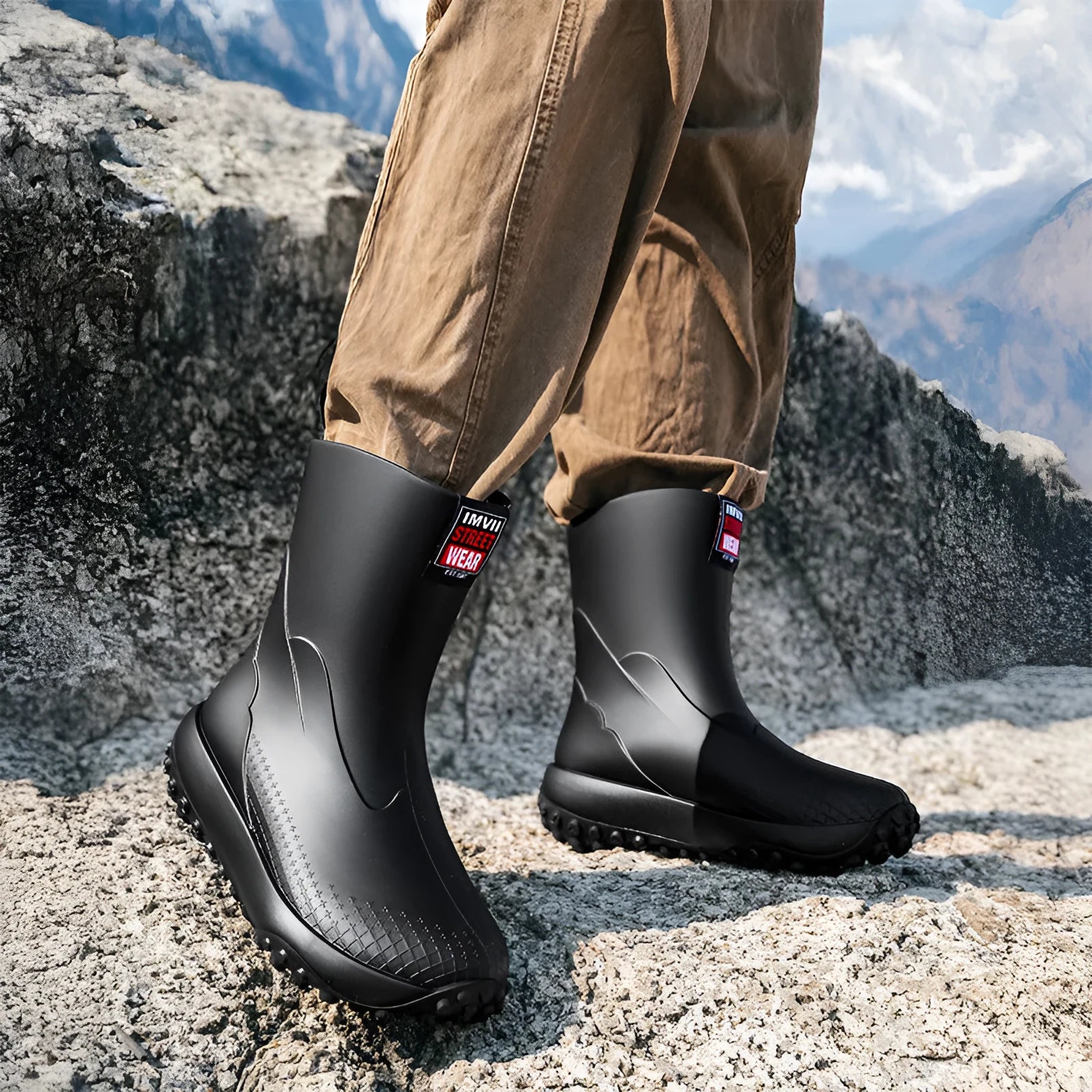Men's mid-height PVC rain boot in beige colour with a round toe and plastic sole.