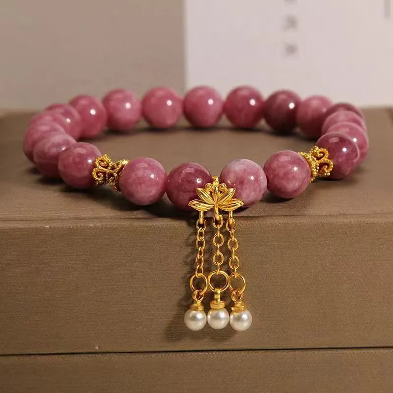 Natural stone bracelet with pink lotus tassel pendant and crystal beads