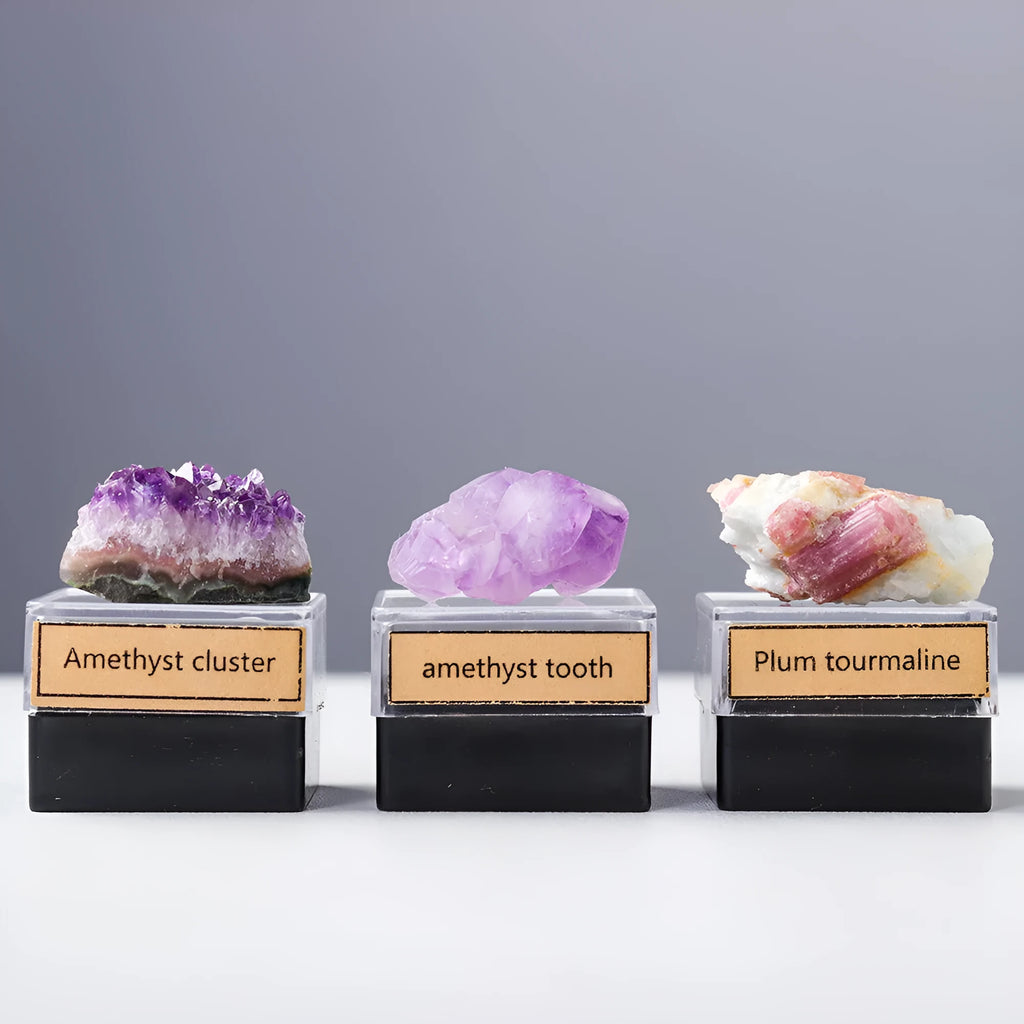 Geometric natural amethyst crystal ore mineral specimen decoration on a wooden surface.