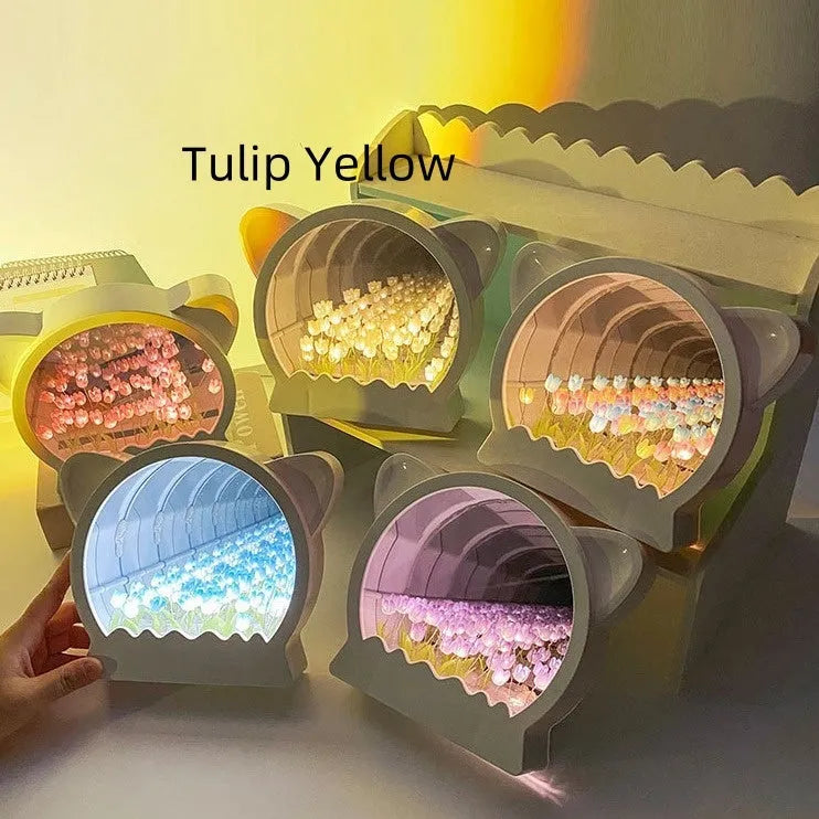 DIY cat-shaped night lamp kit with colourful tulip flowers for assembly and home decor