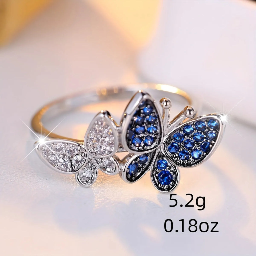 Blue and white butterfly ring for women on copper base with electroplated finish