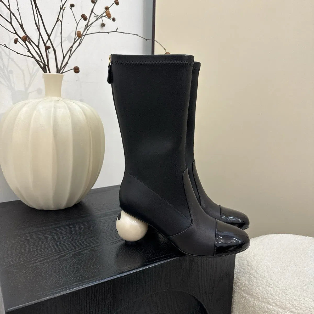 Women's winter chunky heel ankle boots in apricot with elastic fabric upper and back zipper