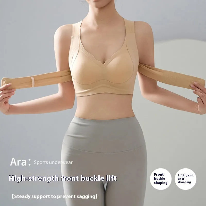 Front buckle closure sports bra for women in black, white and nude colours with back shaping design.