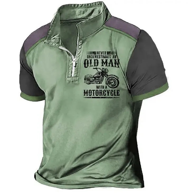 Men's casual short sleeve polo shirt with lapel, digital letter printing, and zipper decoration details.
