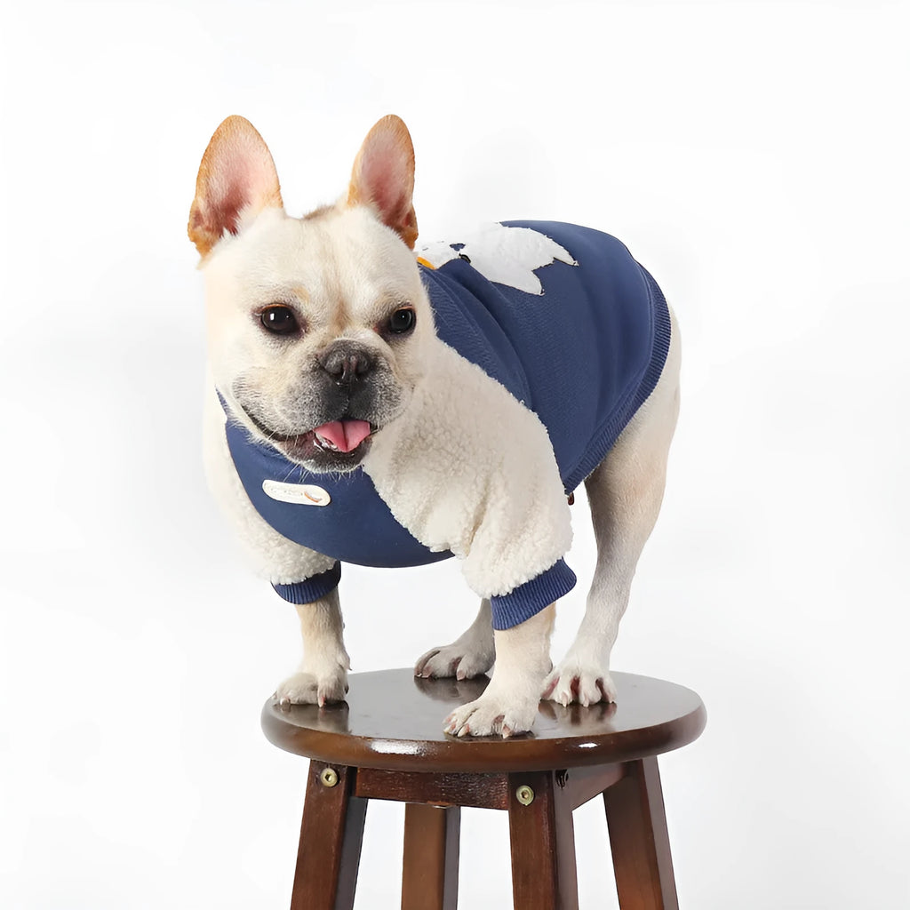 Dark blue fleece-lined winter dog coat with cotton construction showing size options L to 4XL