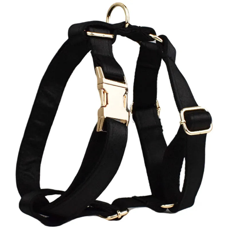 Dog wearing cloth collar and chest-strap vest harness with matching leash and decorative bow attached