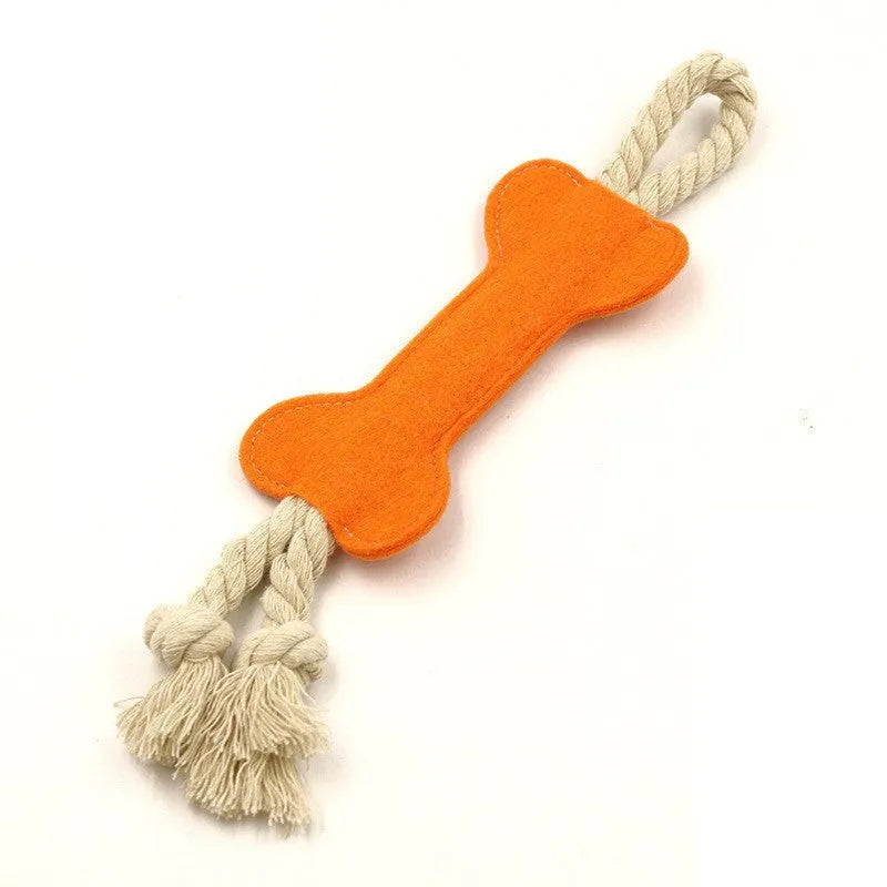 Felt bone shaped dog toy with rope knots in blue colour showing dimensions