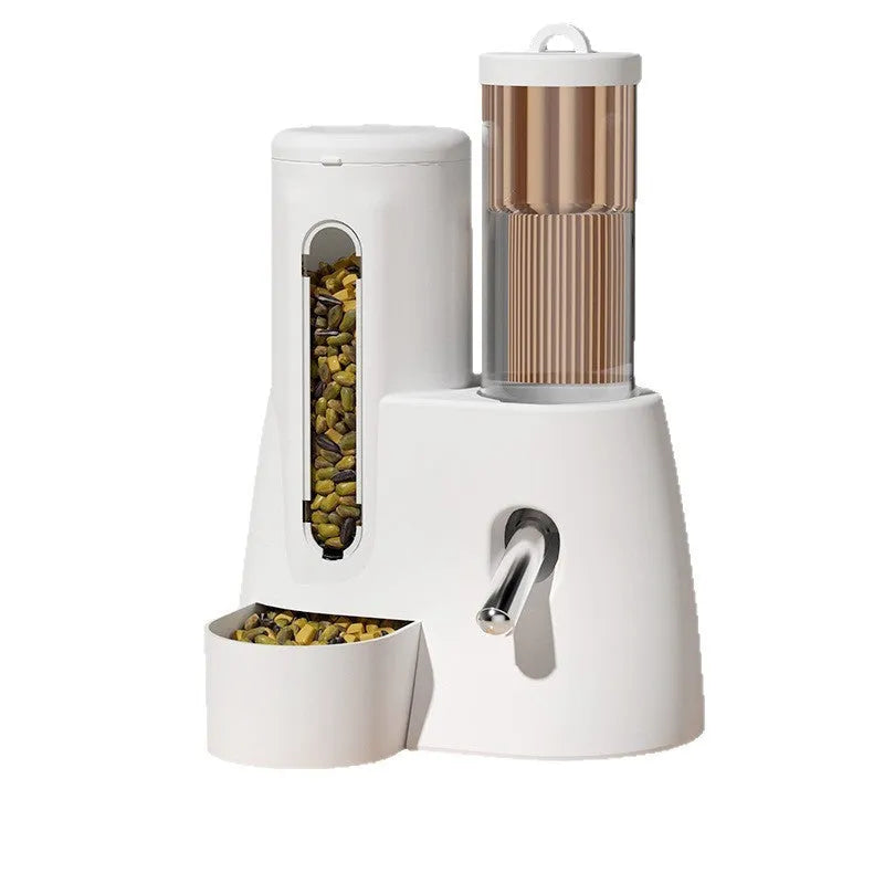 White automatic water feeder and food basin set for hamsters on a blue background.