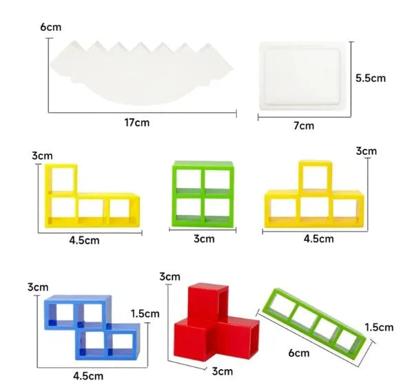 Plastic balance stacking game with colourful building blocks on chassis for family play